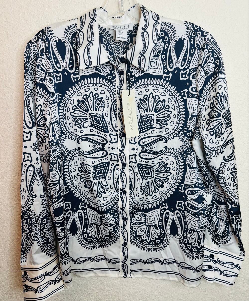 Rachel Zoe Boho-Glam Satin Cream/Navy Blue Paisley Button-Up Blouse Women Small